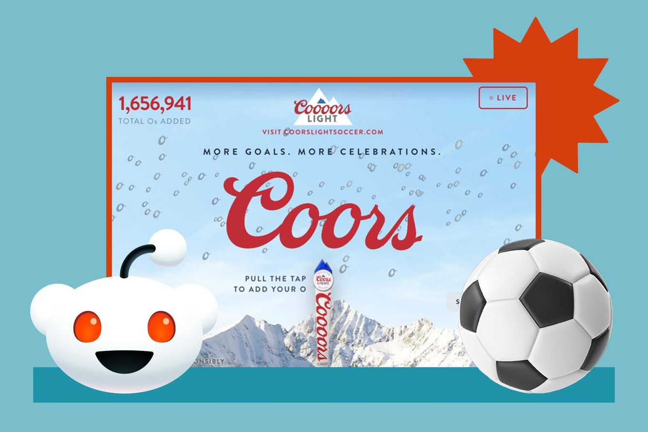 Screenshot of the Coors interactive Reddit experience, with the Reddit logo (a cartoonish white robotic head with red eyes smiling widely) on one side and a soccer ball on the other.