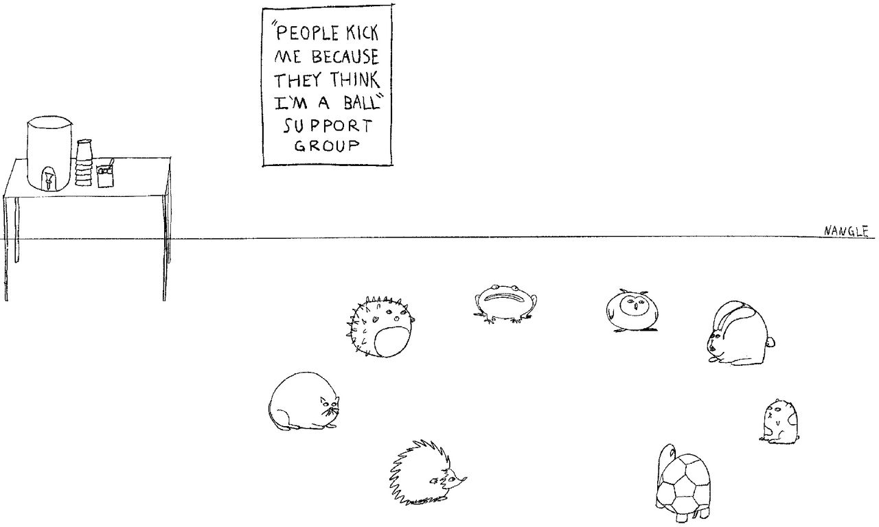 various animals in a circle at the, People kick me because they think I'm a ball support group
