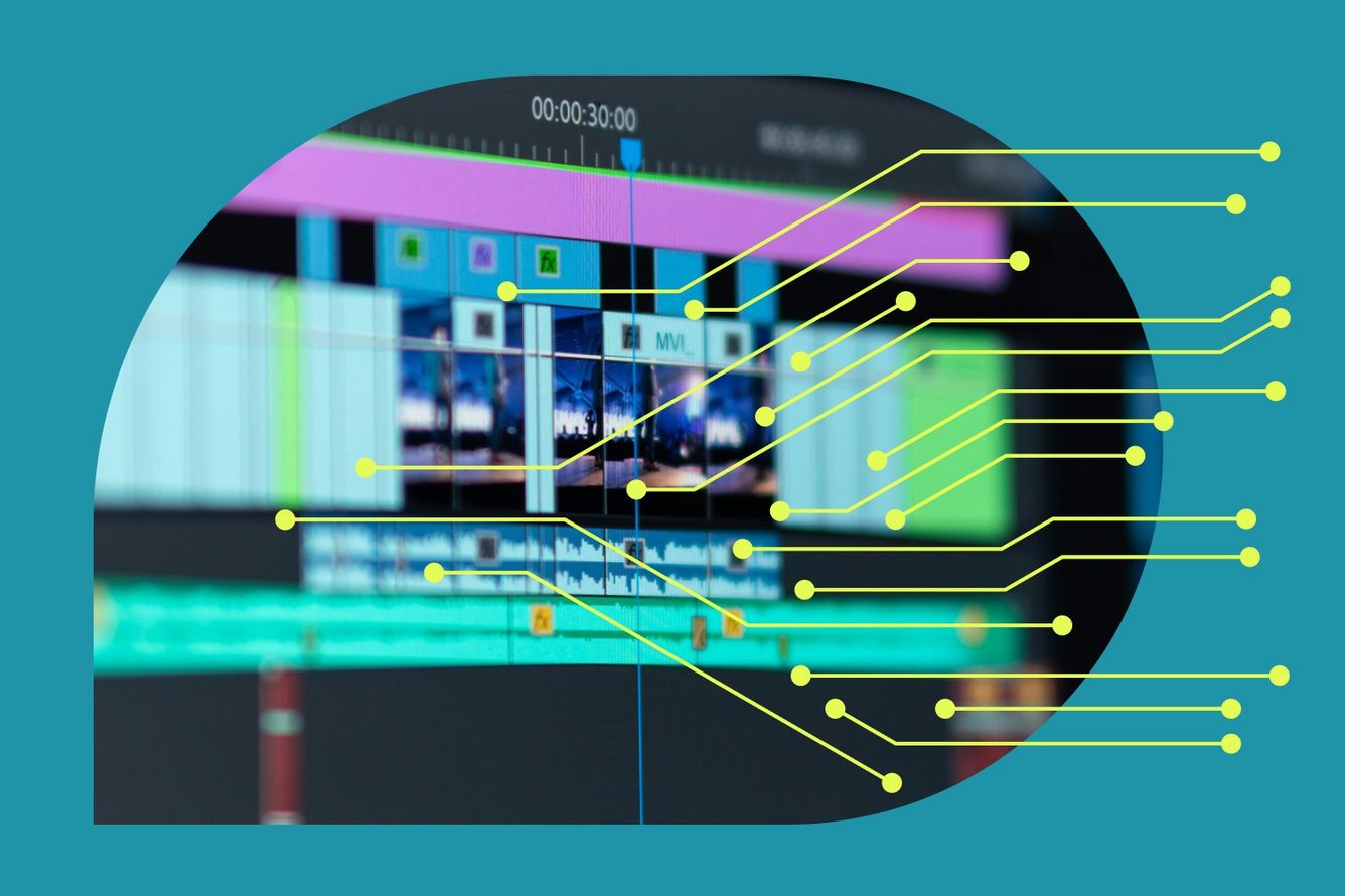 Photo collage showing a blurry close-up of a computer monitor with video editing software with neon green network nodes / circuitry emanating from it.