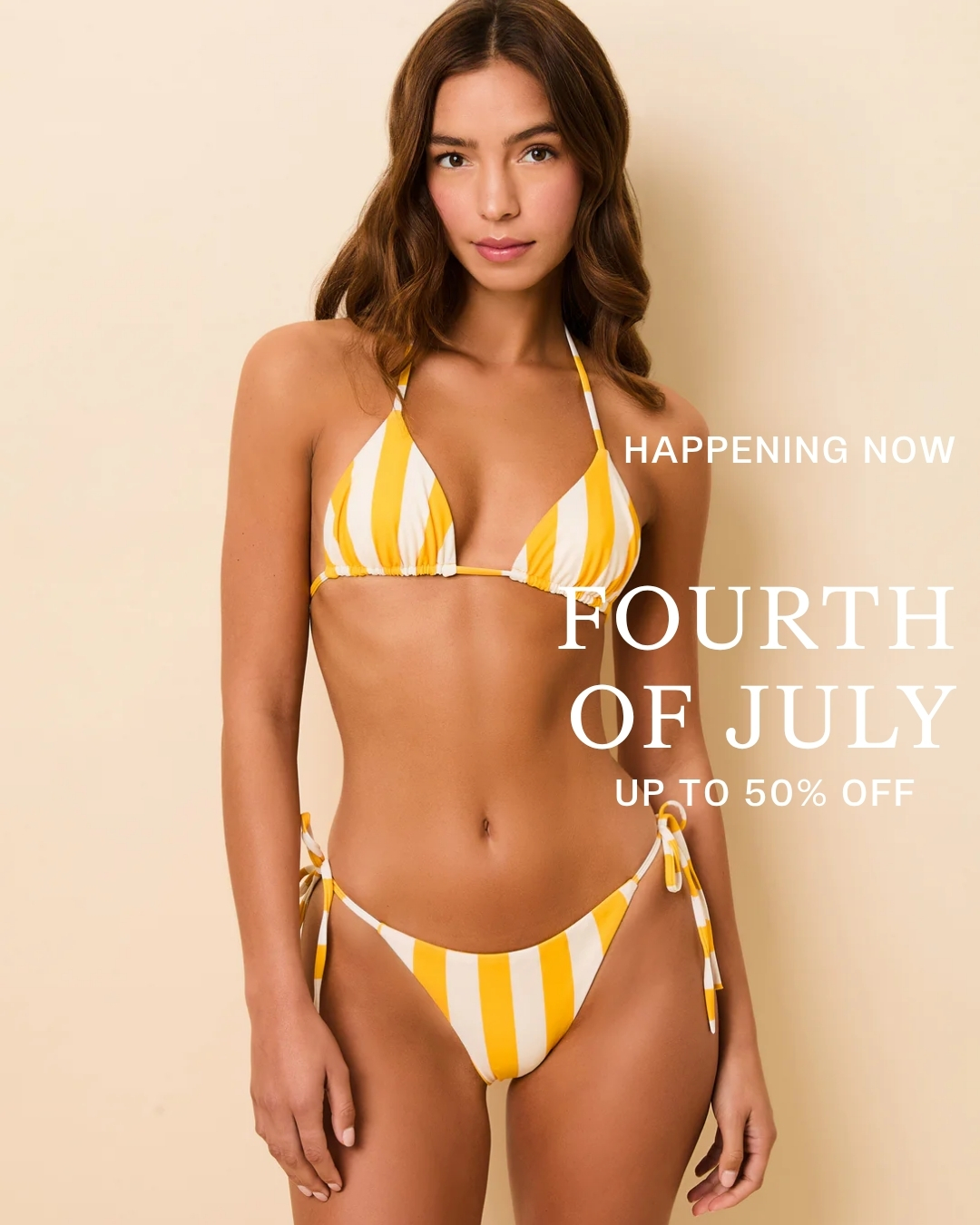 Women in white and yellow striped bikini with text speaking to fourth of july sale