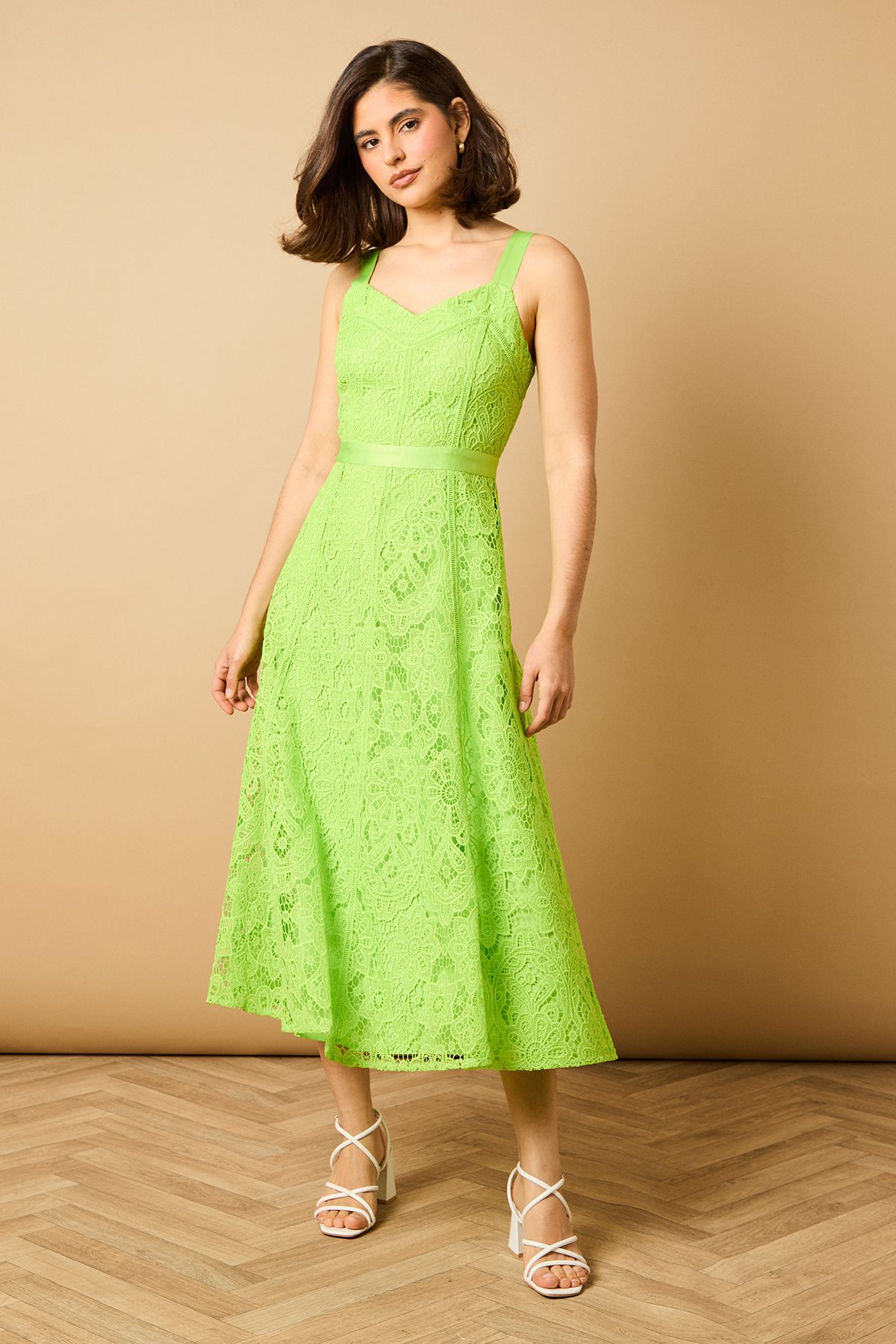 Floral Lace V Neck Midi Dress