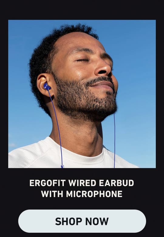 Ergofit wired earbud with microphone. Shop Now (Clickable link).