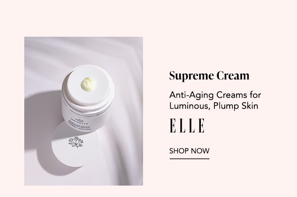 Odacité Supreme Cream jar on a soft neutral background with a dollop of cream on the lid, featuring Elle quote “Anti-Aging Creams for Luminous, Plump Skin” and Shop Now.