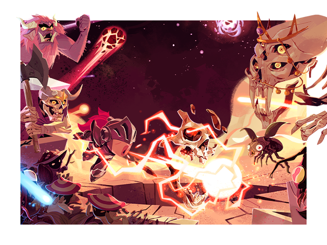 Key art for BALL x PIT depicting a dark pit filled with barbaric creatures as meteoric projectiles fly in various directions.