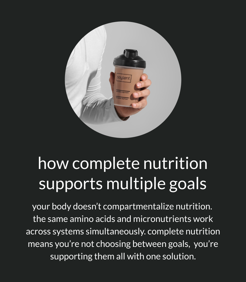  how complete nutrition supports multiple goals   your body doesn't compartmentalize nutrition. the same amino acids and micronutrients work across systems simultaneously. complete nutrition means you're not choosing between goals, you're supporting them all with one solution.  