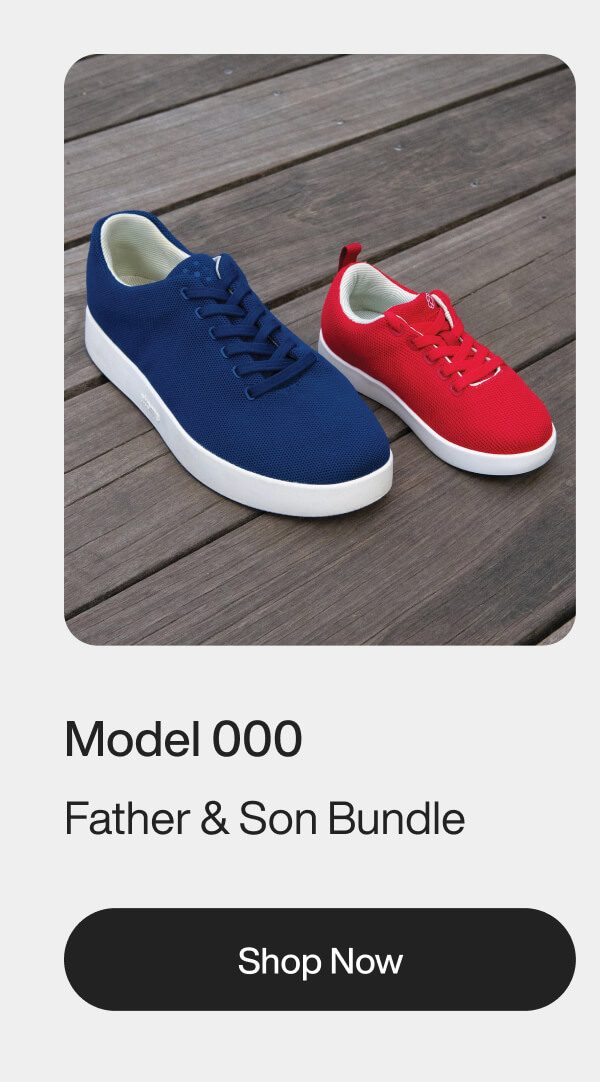 Blue and red sneakers on wooden boards; large blue sneaker, small red sneaker. Text: "Model 000, Father & Son Bundle." Emphasizes family and style.