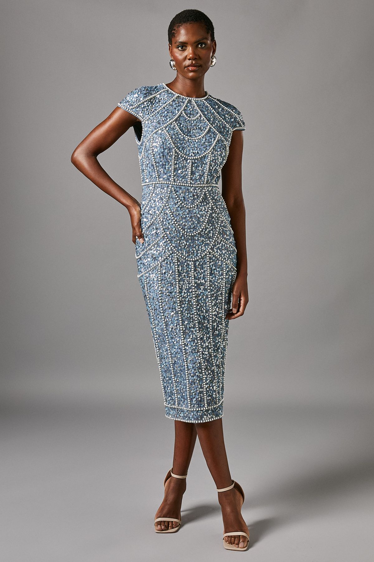 Cap Sleeve Pearl Embellished Pencil Dress