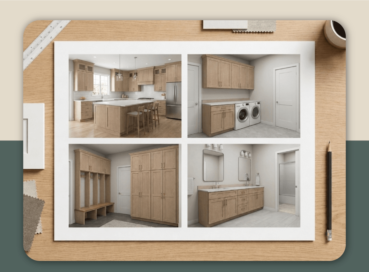 Different renderings of kitchen, bathroom and more spaces.