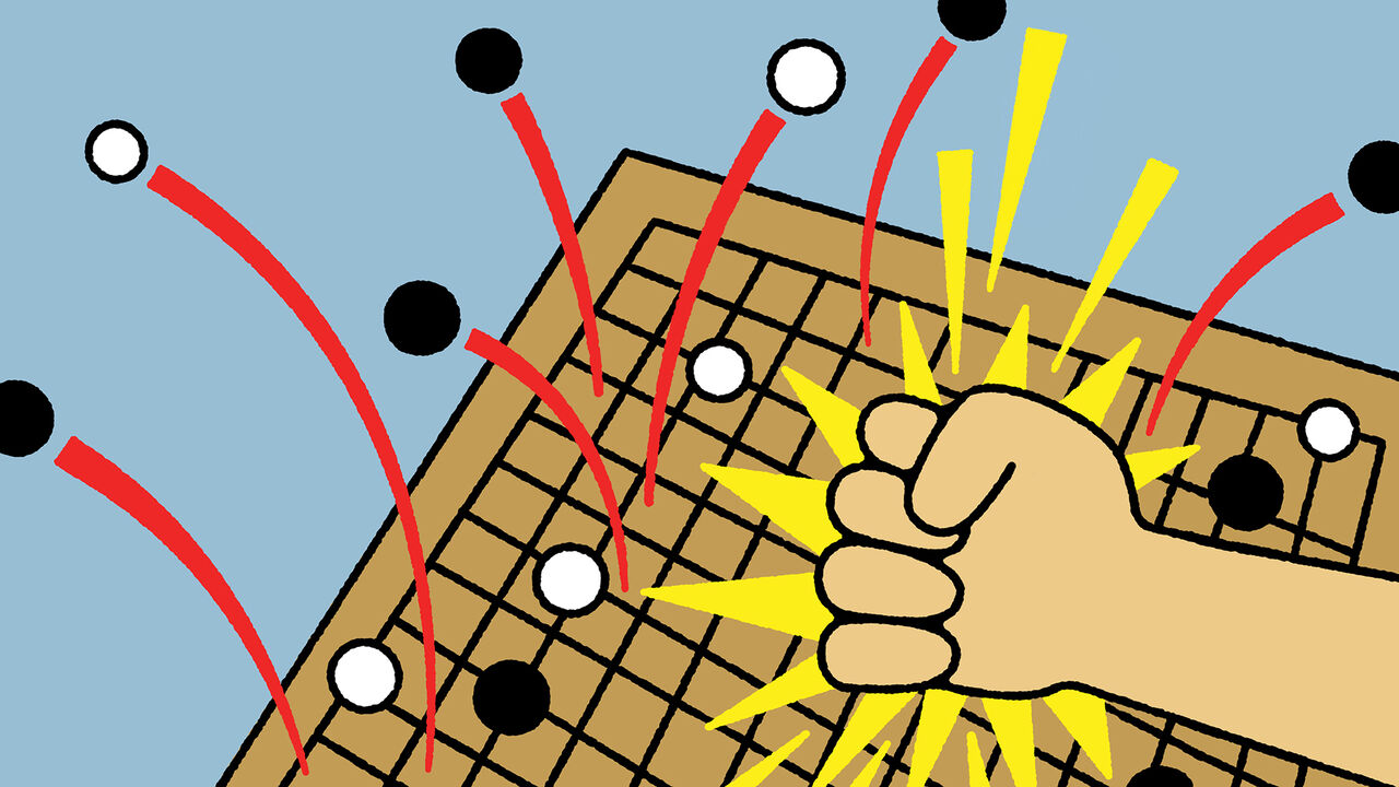 Illustration of a fist smashing a go board sending black and white pieces flying