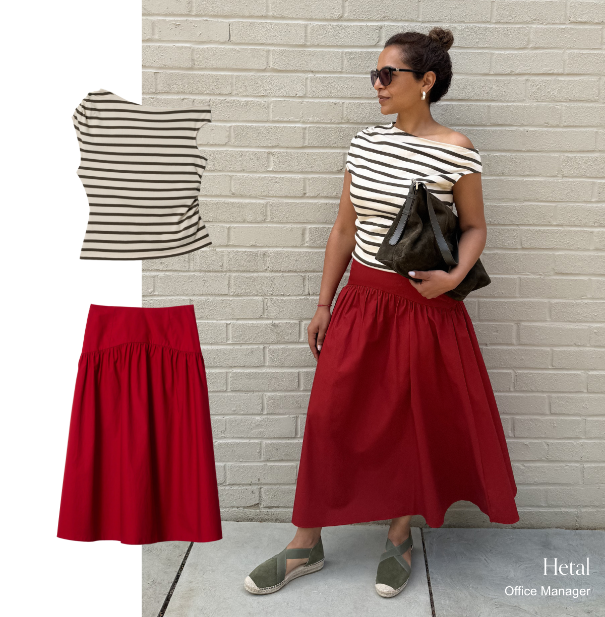 Striped asymmetric black white top and red skirt