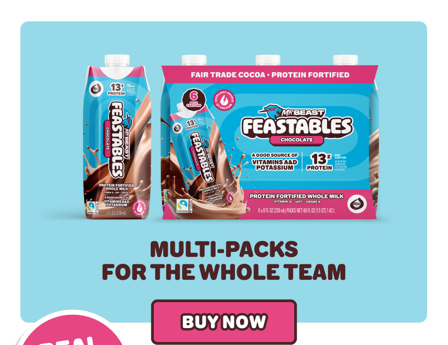 Multi-packs for the whole team! Feastables chocolate milk is made with real whole milk & is shelf-stable. Shop now!