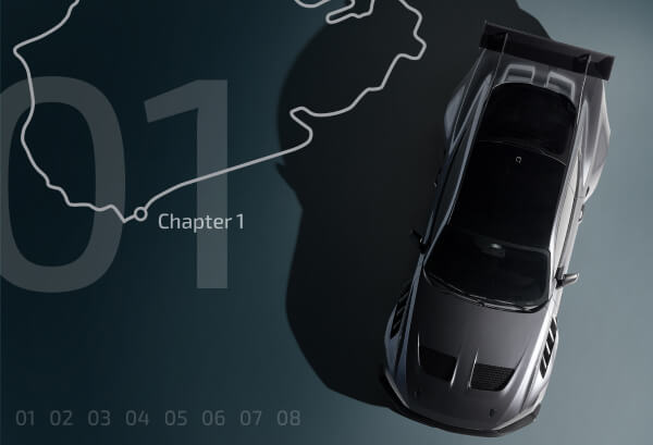 An aerial view of a parked 2025 Ford Mustang&reg; GTD vehicle with the words &ldquo;Chapter 1&rdquo; overlaid in the background