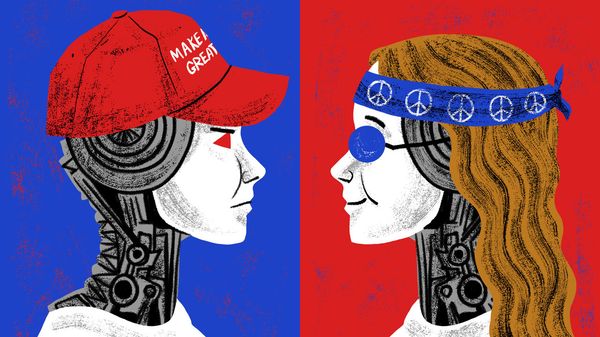 An illustration of two androids face to face, one wearing a red MAGA hat and looking unhappy, the other wearing a blue headband with piece signs and blue sunglasses and smiling.