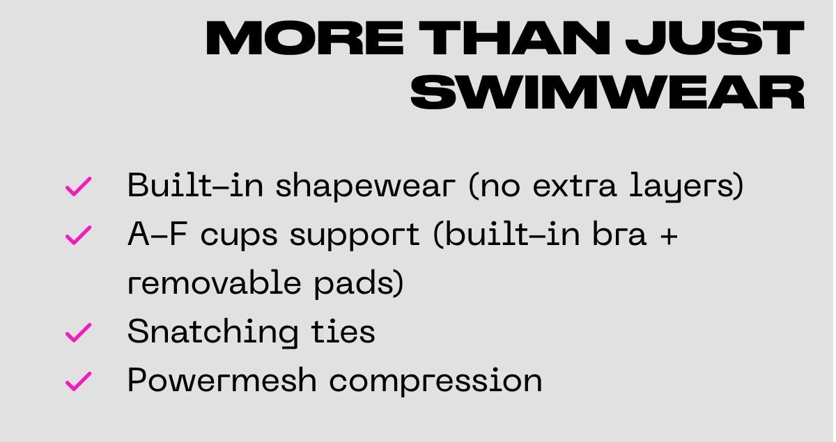 More than just swimwear: built-in shapewear, A–F cups support, snatching ties, powermesh compression.