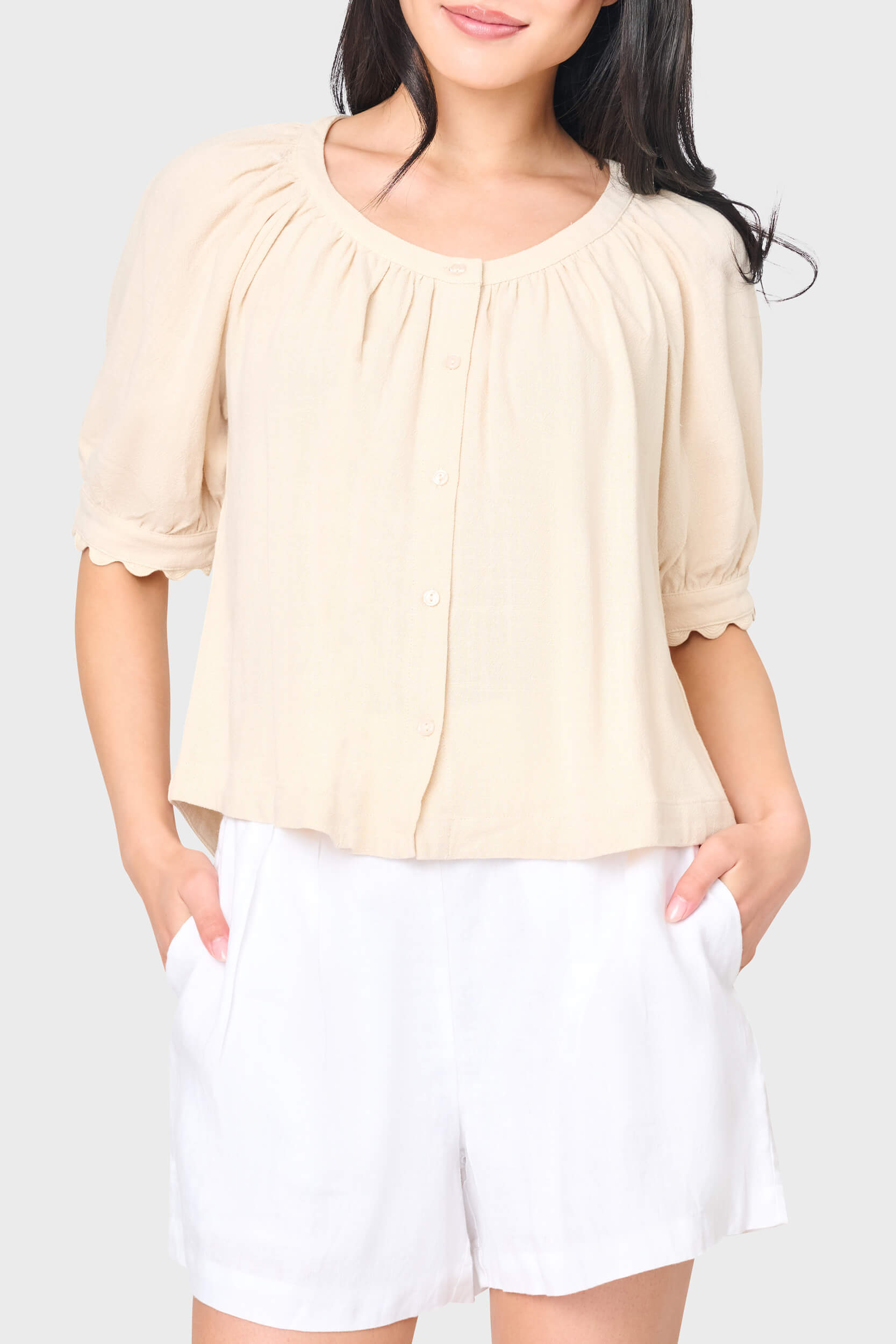 Image of Lily Scallop Puff Sleeve Linen Top