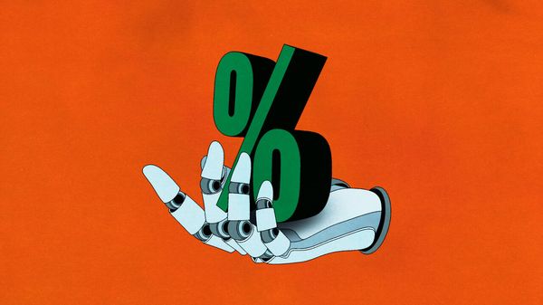 Illustration of a robot hand holding a percentage sign