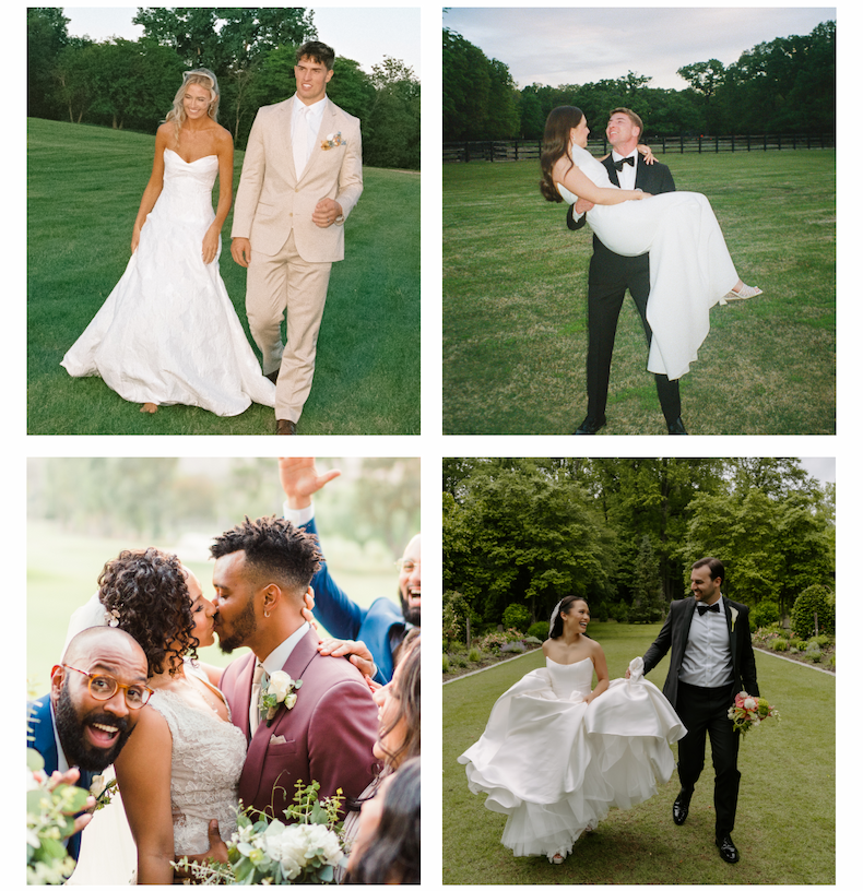 Collage of couples on their wedding day, showcasing a variety of formalwear including tuxedos and white dresses.