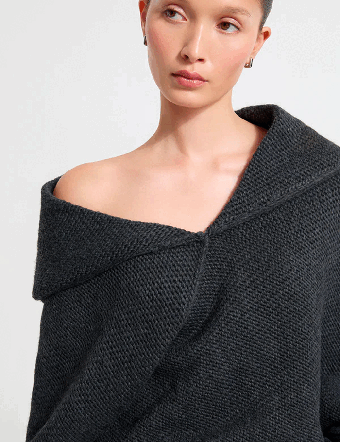 A GIF showing different color variations of The Palmer Long Sleeve Top in charcoal grey, black, and off-white.