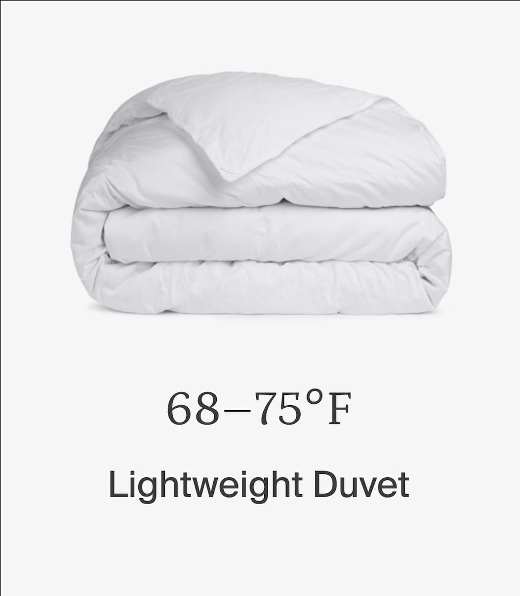 68-75 degrees Fahrenheit. Lightweight duvet.