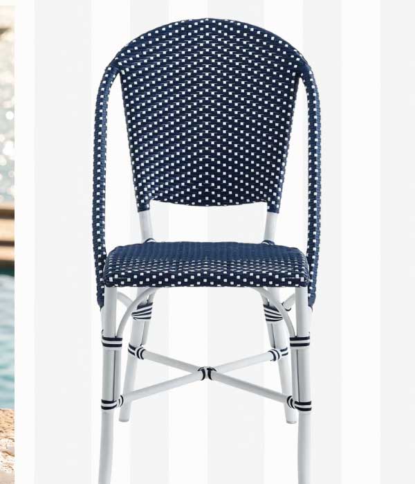 Gene Coastal Beach Navy Blue Faux Rattan White Aluminum Frame Outdoor Dining Chair