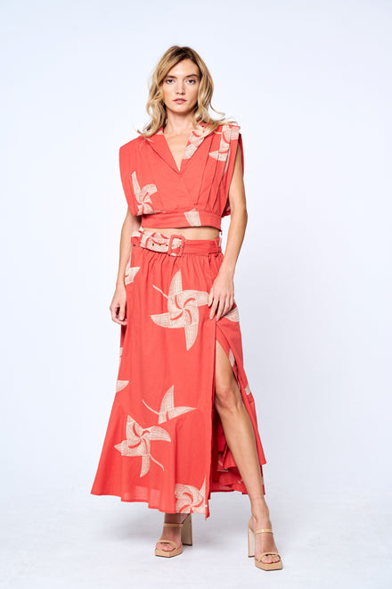 Teyan Embroidered Belted Wrap Maxi Skirt