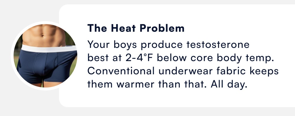 The Heat Problem Your boys produce testosterone best at 2-4°F below core body temp. Conventional underwear fabric keeps them warmer than that. All day.