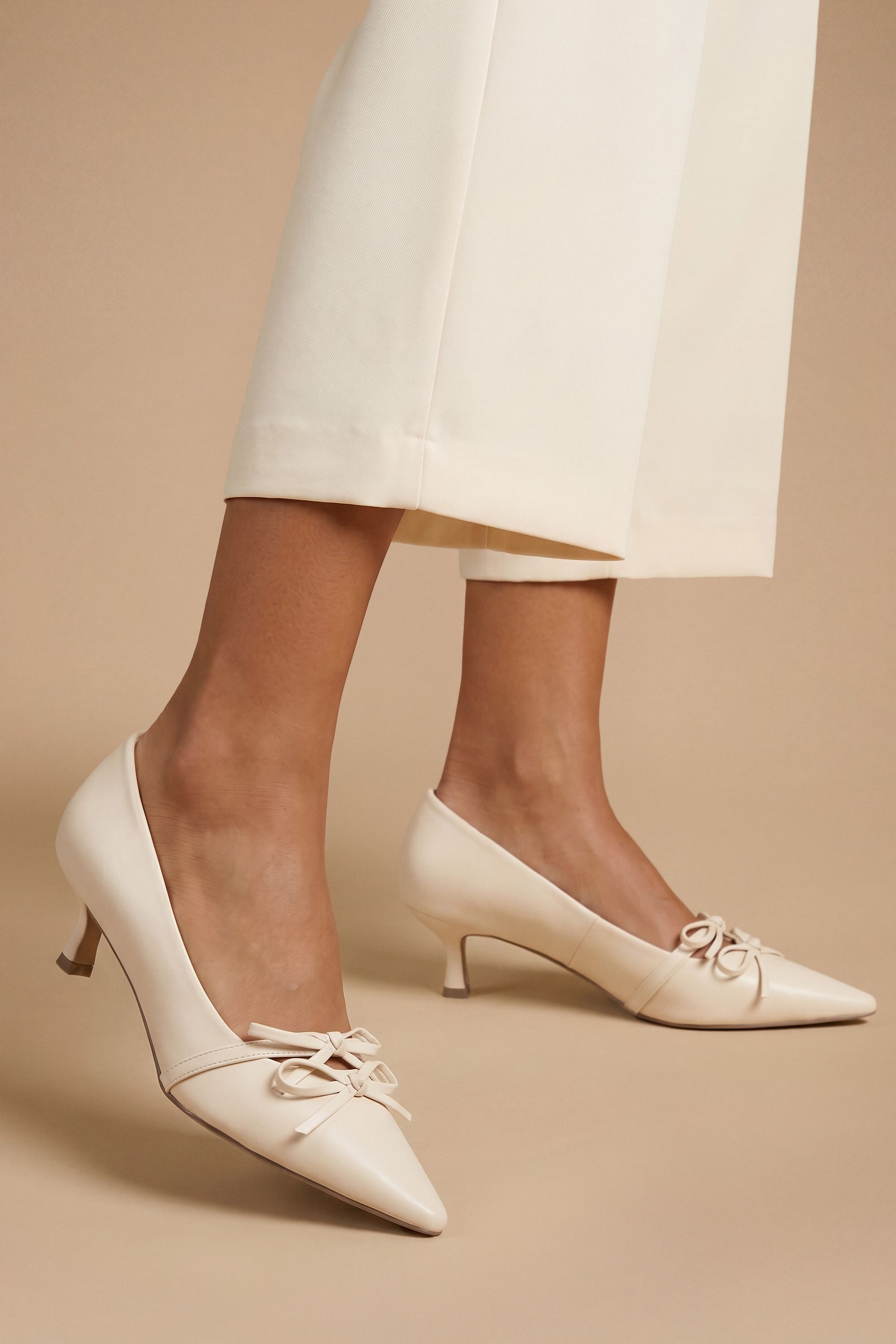 Rita Faux Leather Double Bow Mary Jane Kitten Heel Court Shoes