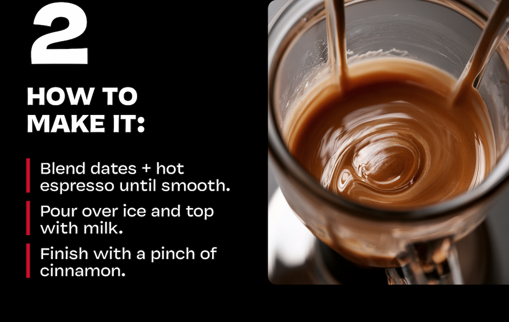 Recipe card: how to make it steps, with close-up of coffee pouring into glass
