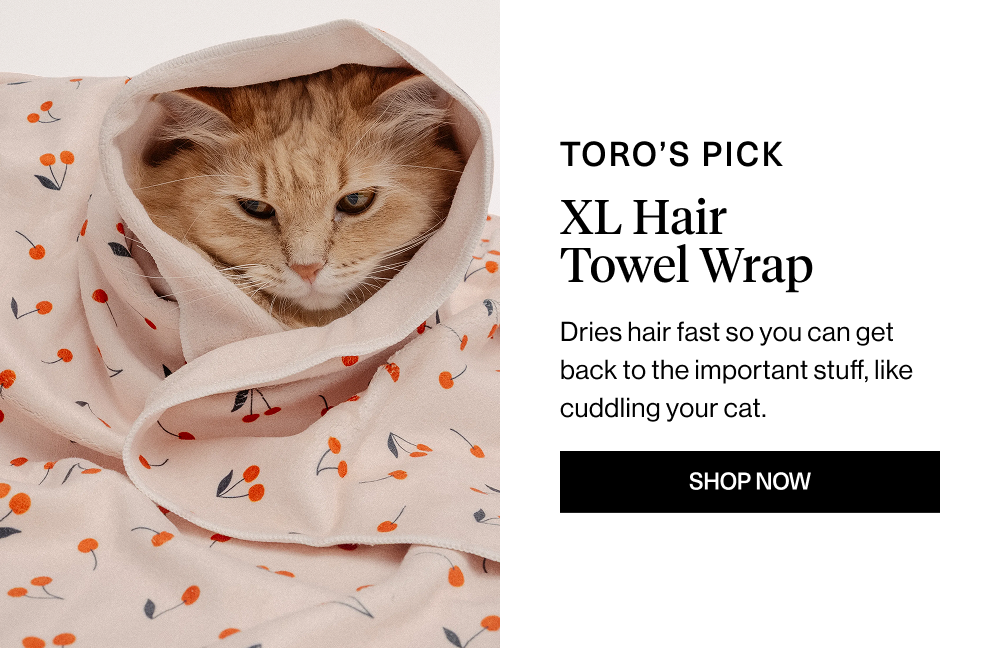 Overhead: Toro’s Pick  Headline: XL Hair Towel Wrap Body Copy: Dries hair fast so you can get back to the important stuff, like cuddling your cat.