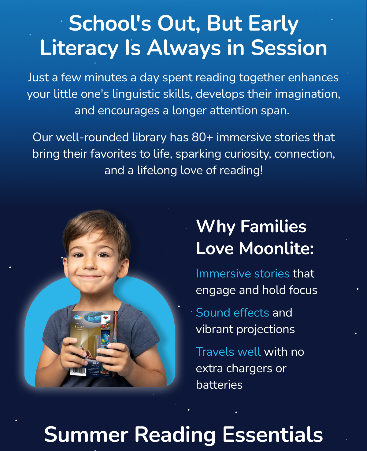 School's Out, But Early Literacy Is Always in Session Just a few minutes a day spent reading together enhances your little one's linguistic skills, develops their imagination, and encourages a longer attention span.   Our well-rounded library has 80+ immersive stories that bring their favorites to life, sparking curiosity, connection, and a lifelong love of reading! Why Families Love Moonlite: Immersive stories that engage and hold focus Sound effects and vibrant projections Travels well with no extra chargers or batteries Summer Reading Essentials