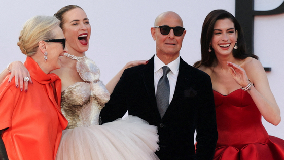 (L-R) Meryl Streep, Emily Blunt, Stanley Tucci and Anne Hathaway attend the red carpet for the premiere of 
