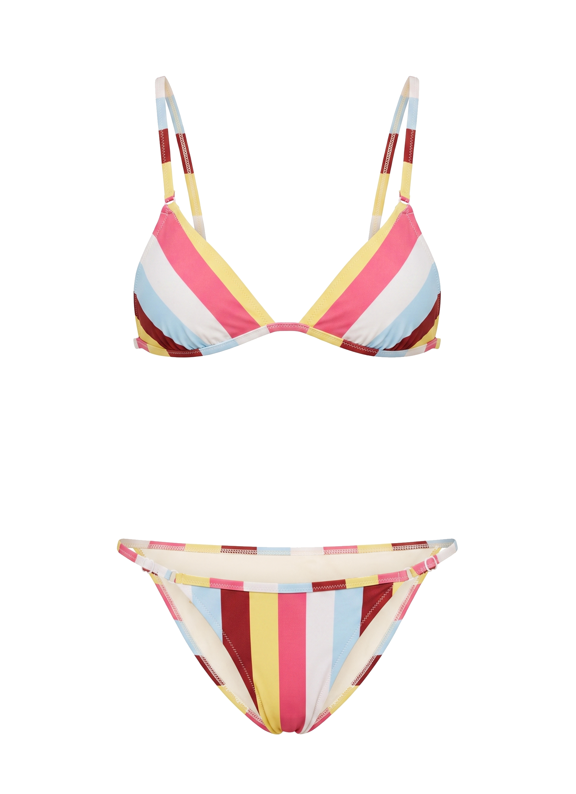 flat image of colorful stripe bikini top and matching bottom