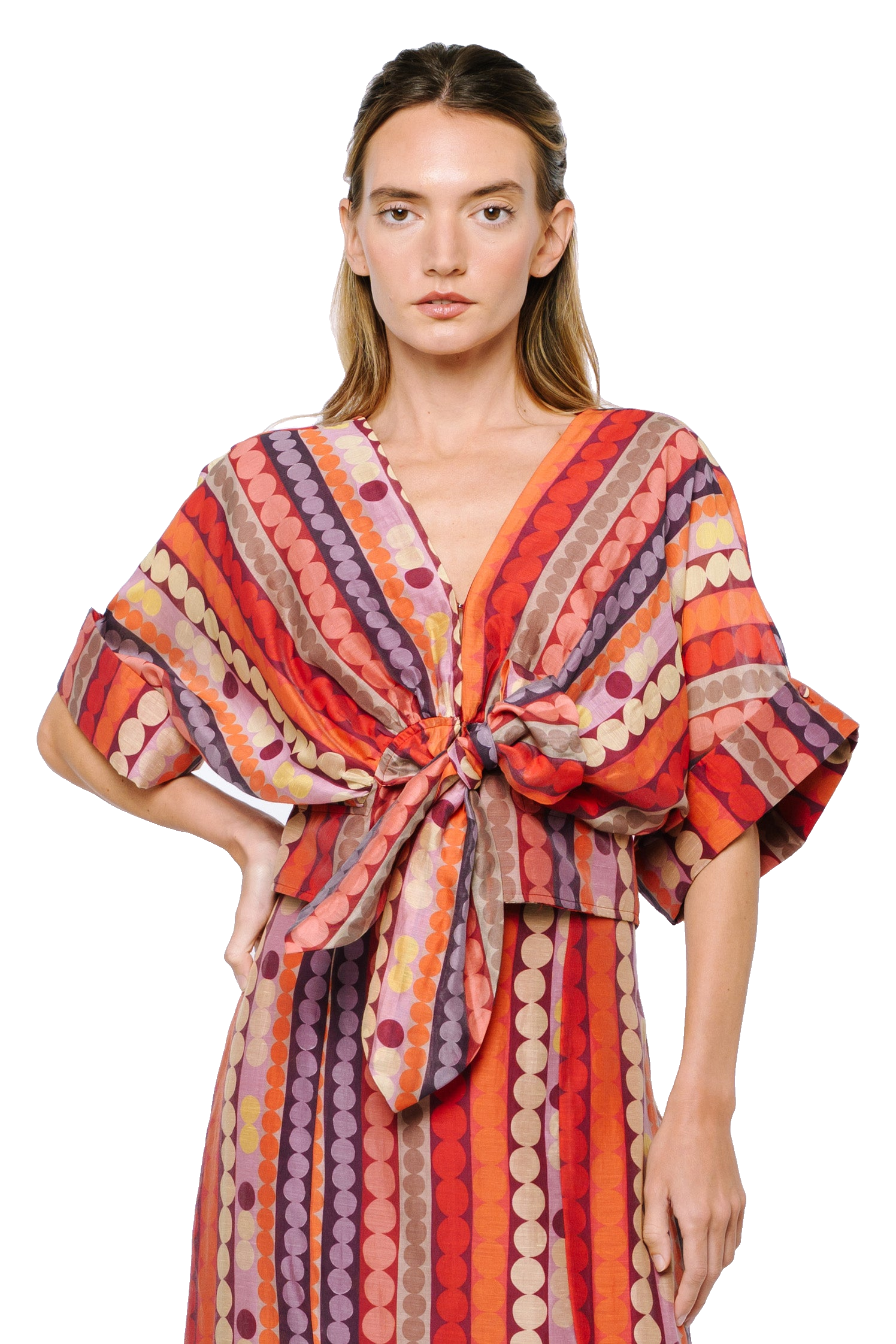 Image of Clarisa Striped Polka Dot Tie Front Top