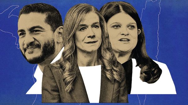 A collage illustration of the three Democratic candidates for Michigan's open Senate seat: Abdul El-Sayed, Mallory McMorrow and Haley Stevens.