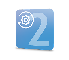 Light blue square with a large number 2 and a gear icon with a circular arrow.