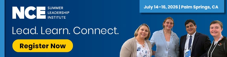 Left side has the NCE Summer Leadership Institute logo and large text that reads, “Lead. Learn. Connect.” A yellow button says “Register Now.” Right side shows four smiling attendees standing together. Top right text reads, “July 14–16, 2026 | Palm Springs, CA.” Blue background throughout.
