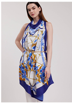 Blue, White and Orange Patterned Silk Scarf