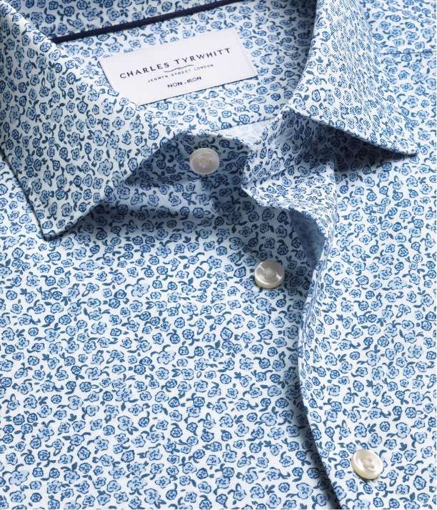 Non-Iron Stretch Floral Print Shirt – White & Sky Blue