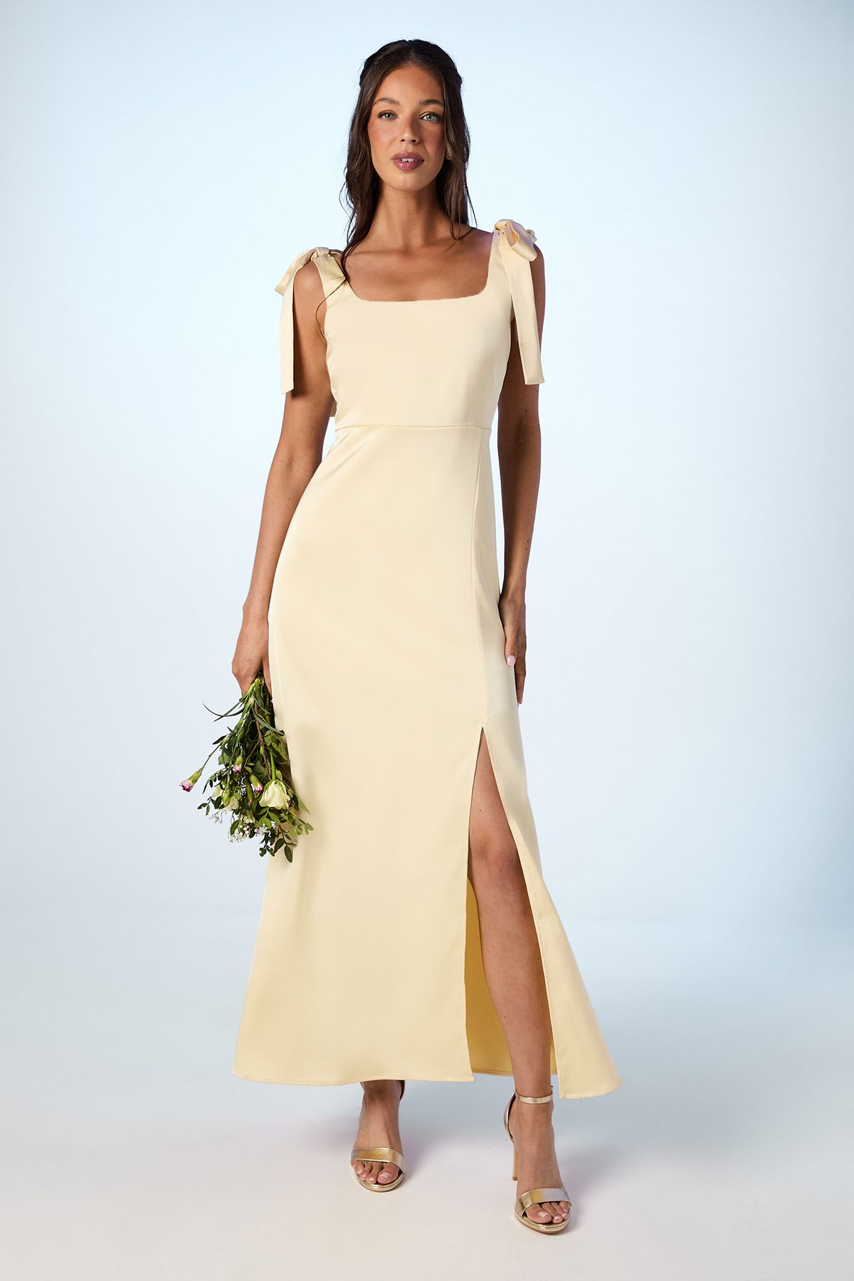 Butter Yellow Satin Tie Shoulder Midi Bridesmaid Dress