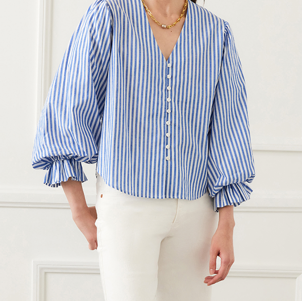 Stripe Layered Sleeve Shirred Blouse 