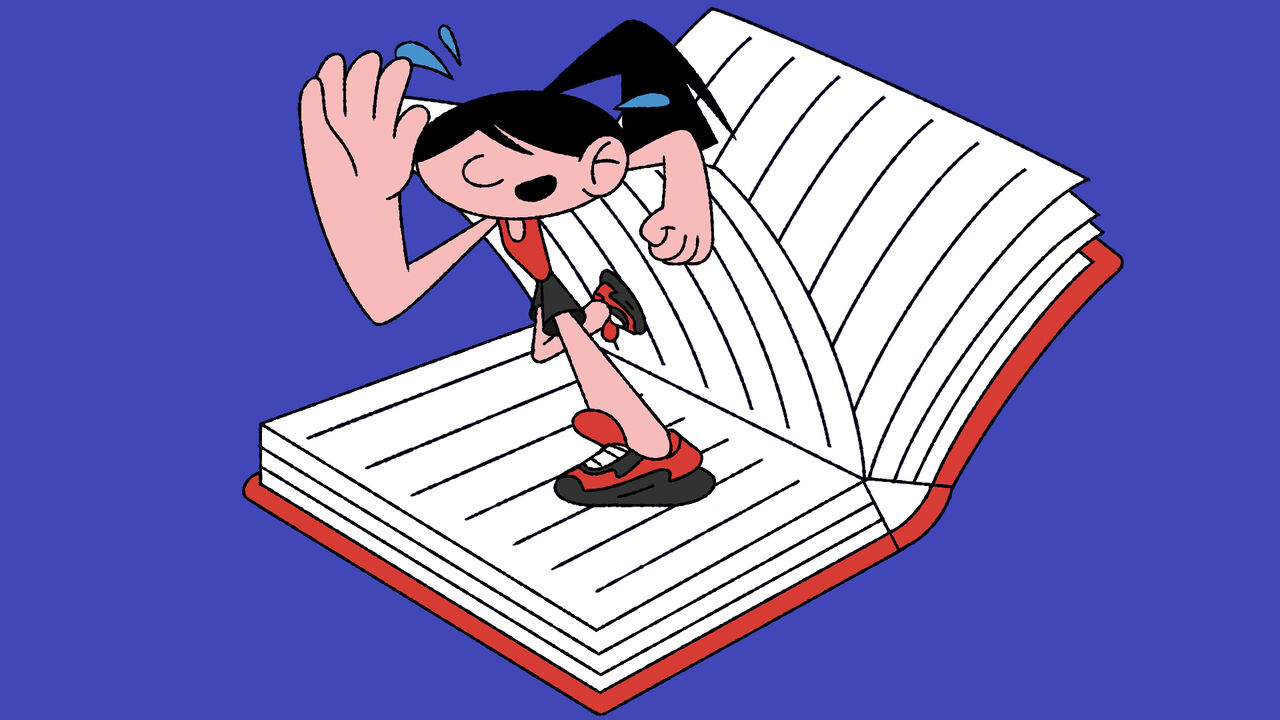 A woman figure running fast inside a book