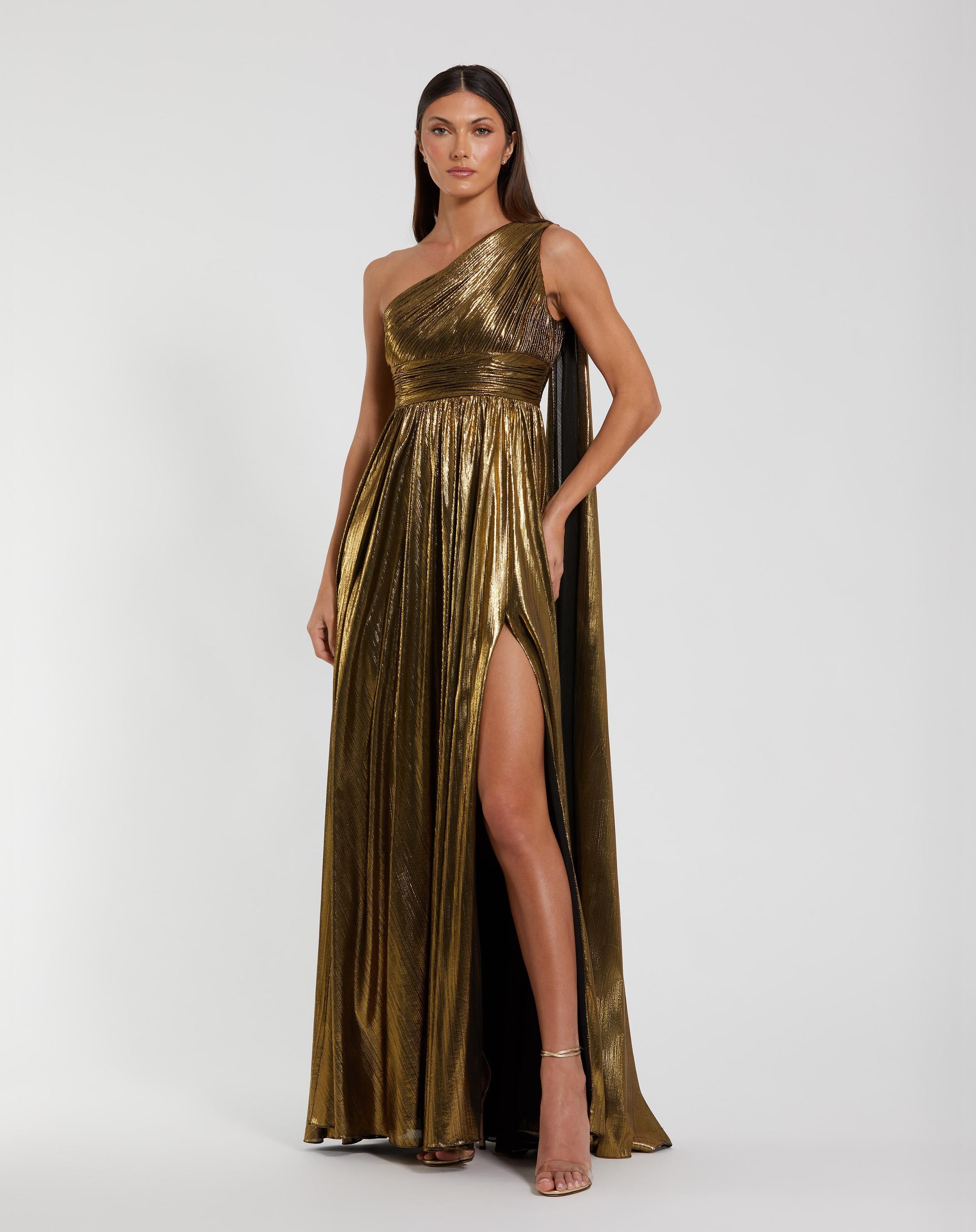 Image of Gold Metallic One Shoulder Gown With Slit