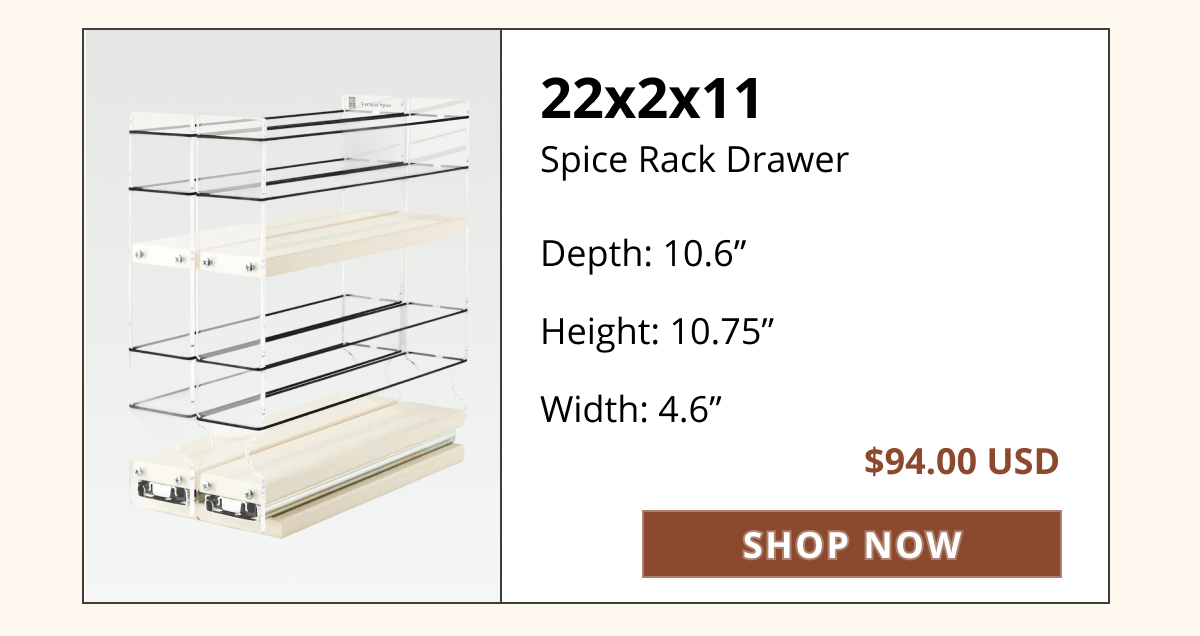 22x2x11 pull-out spice rack drawer with double shelves, space-saving kitchen cabinet organizer