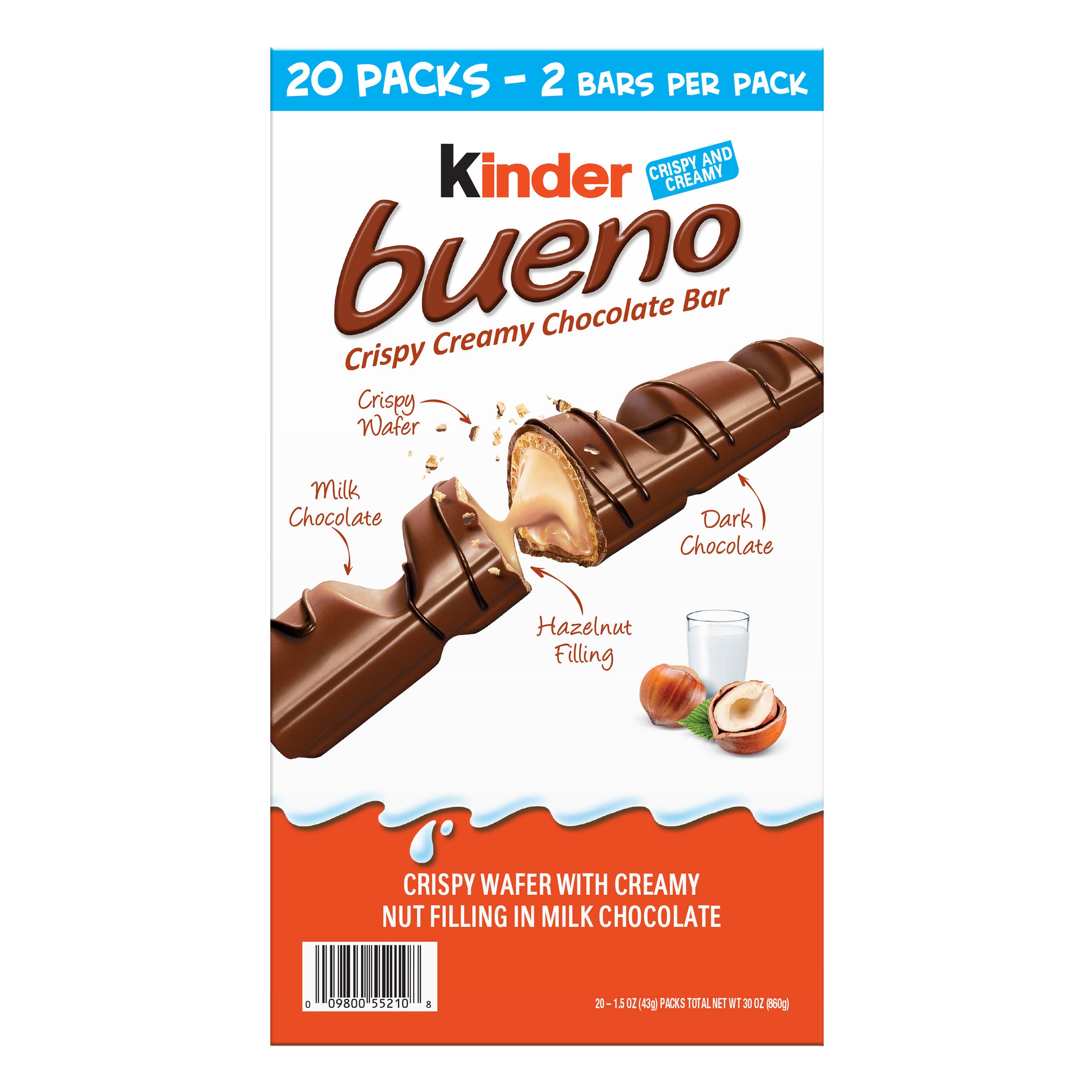 Kinder Bueno Chocolate and Hazelnut Chocolate Bars, 2 Bars, 1.5 oz, 20-Pack