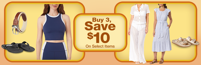 Buy 3 and save $10 on select apparel items