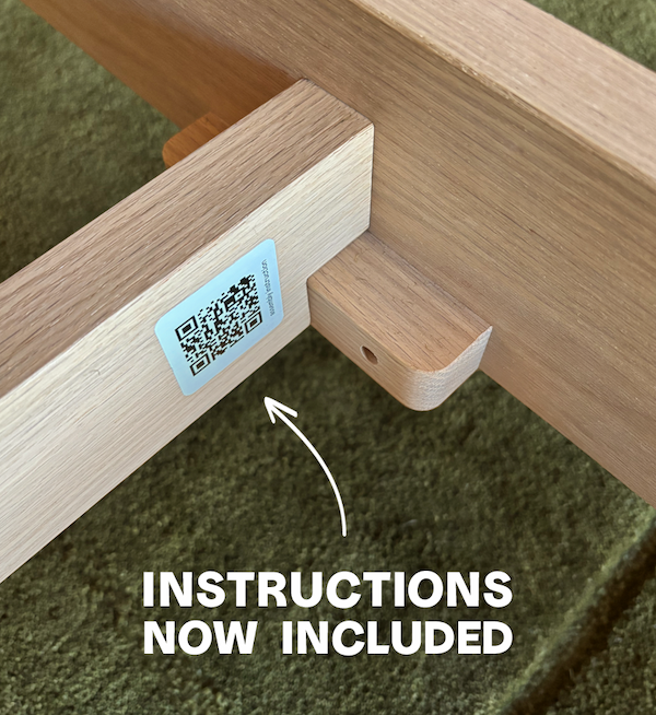 Built for Keeps closeup of assembly instruction QR Code on inside bed frame. Instructions NOW included in white
