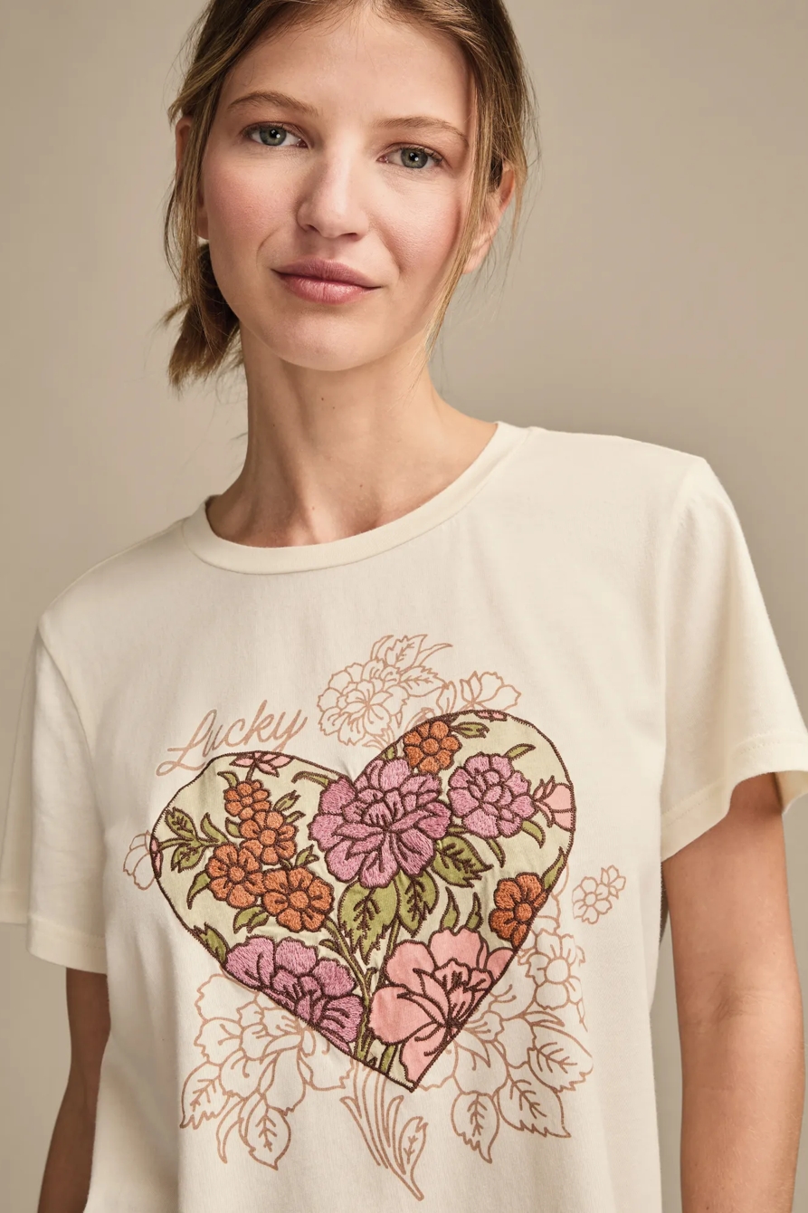 Image of Lucky Brand Heart Floral Classic Crew in Butter Cream