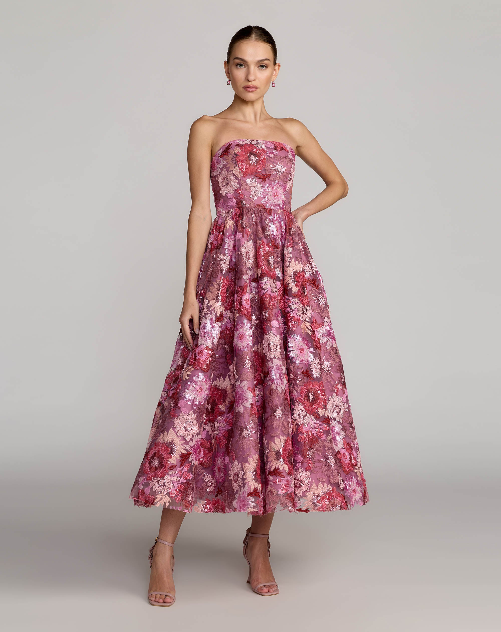 Image of Purple Floral Sequin Strapless Midi Dress