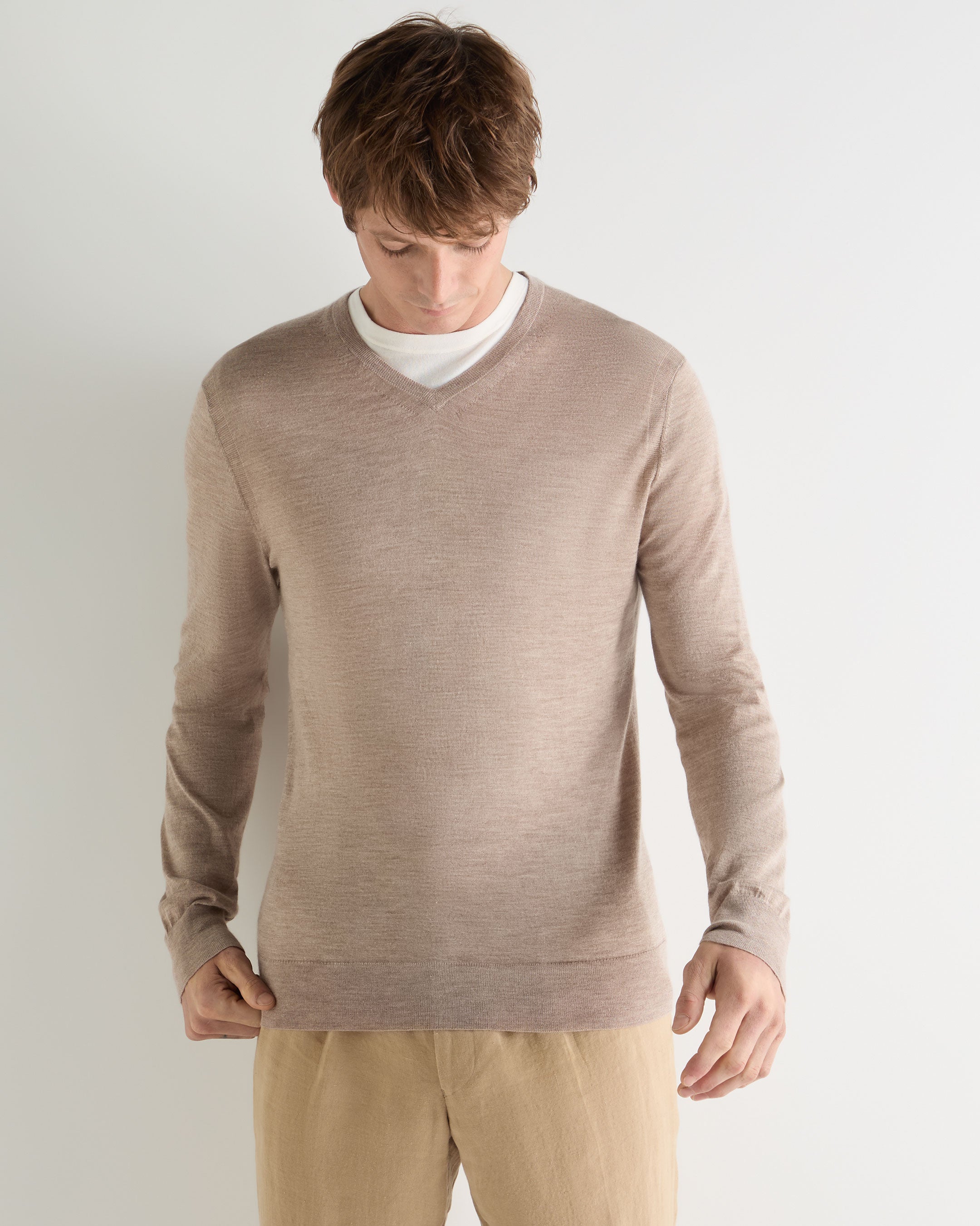 Image of Men's Conduit Fine Gauge Cashmere V Neck Sweater Soft Taupe Brown
