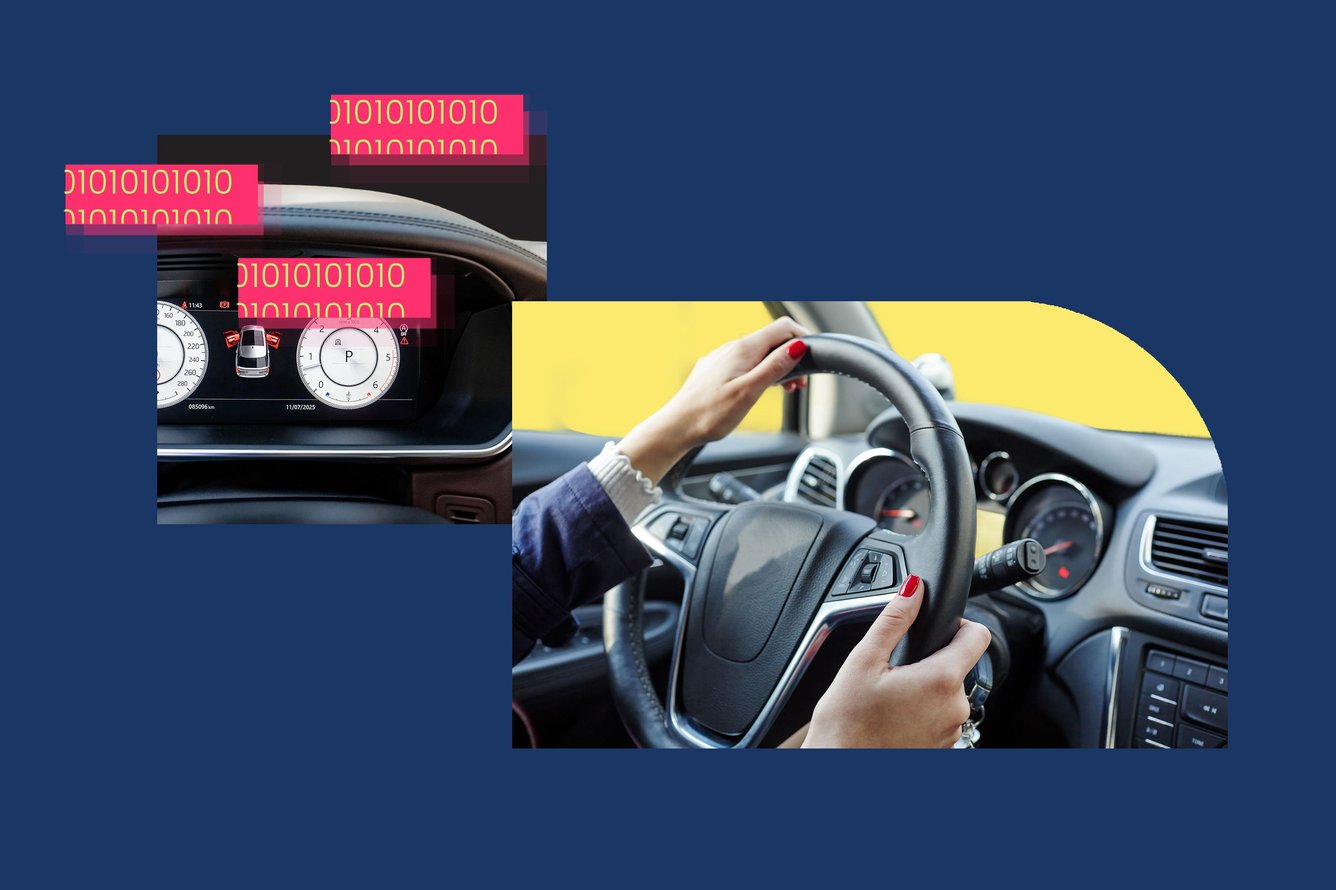 Female hands on the steering wheel of a car while driving next to a dashboard with binary code